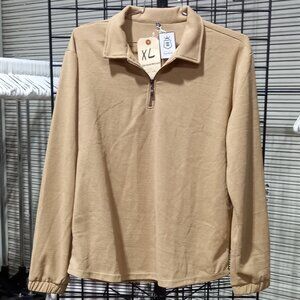 Men's Quarter Zip Polyester Long Sleeved Shirt - Tan | XL